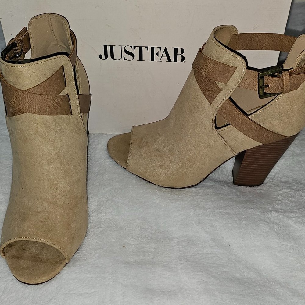 JUSTFAB  Denene Peep Toe Bootie Khaki and Tan